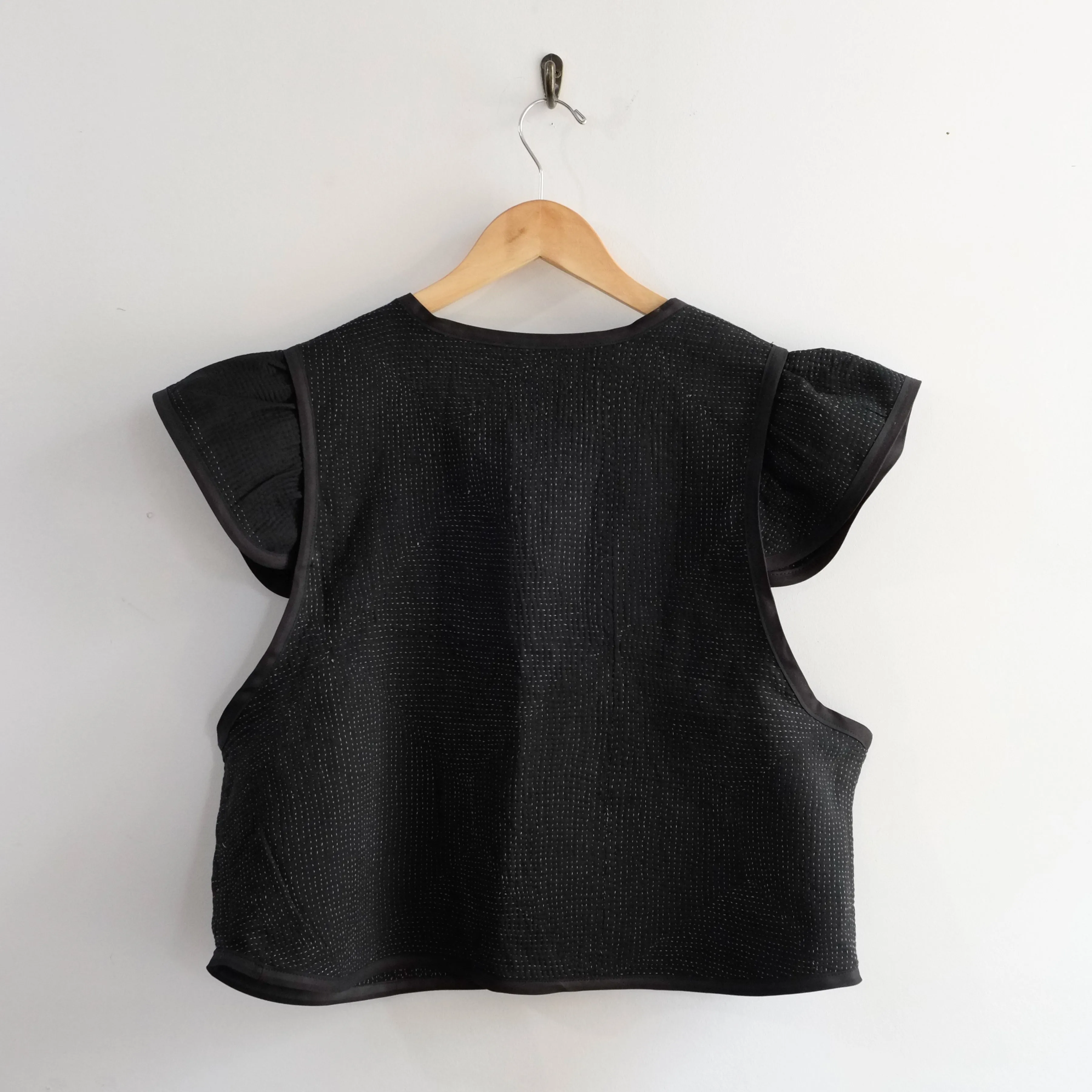 Amelia Flutter Sleeve Vest Black with White Stitching XL027