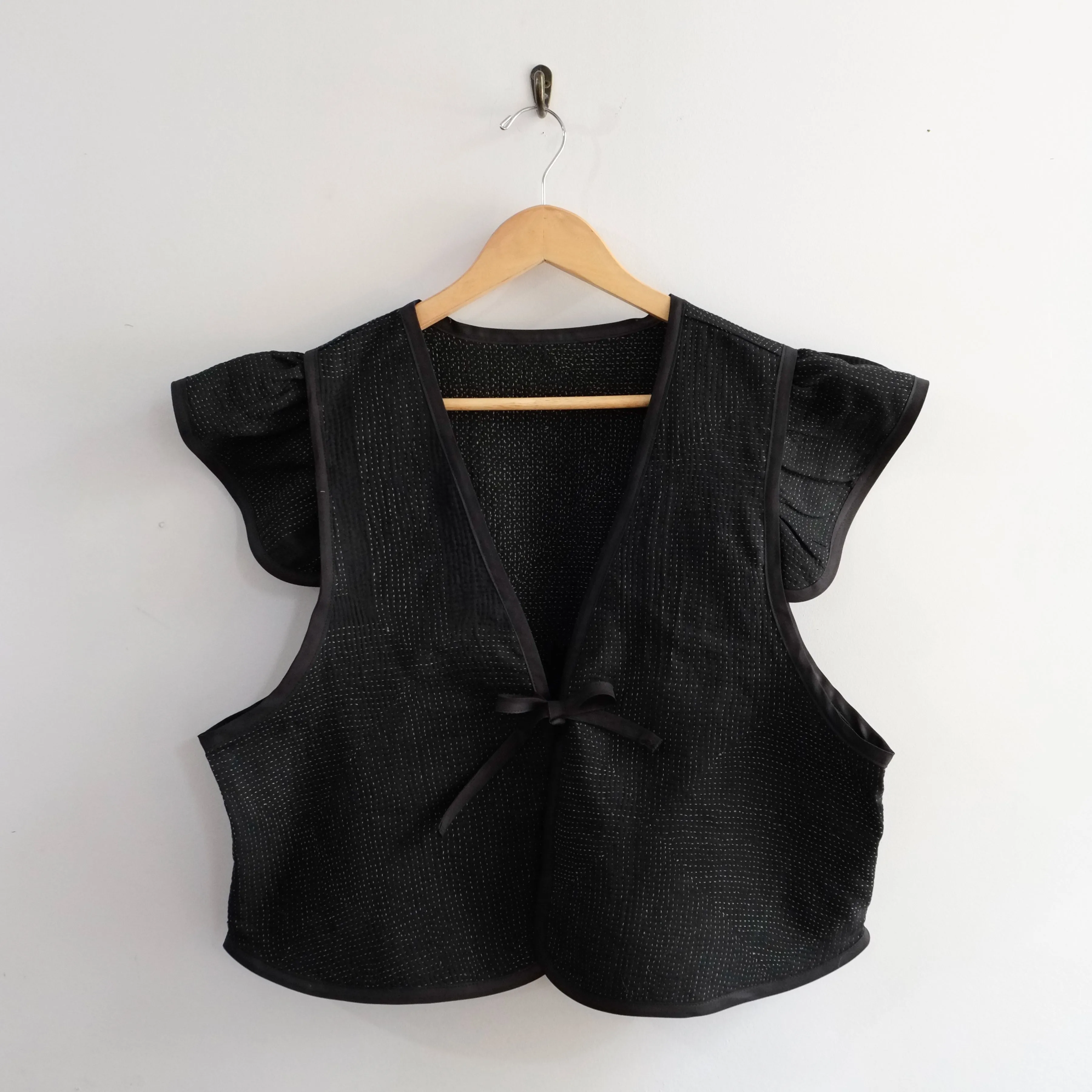 Amelia Flutter Sleeve Vest Black with White Stitching XL027