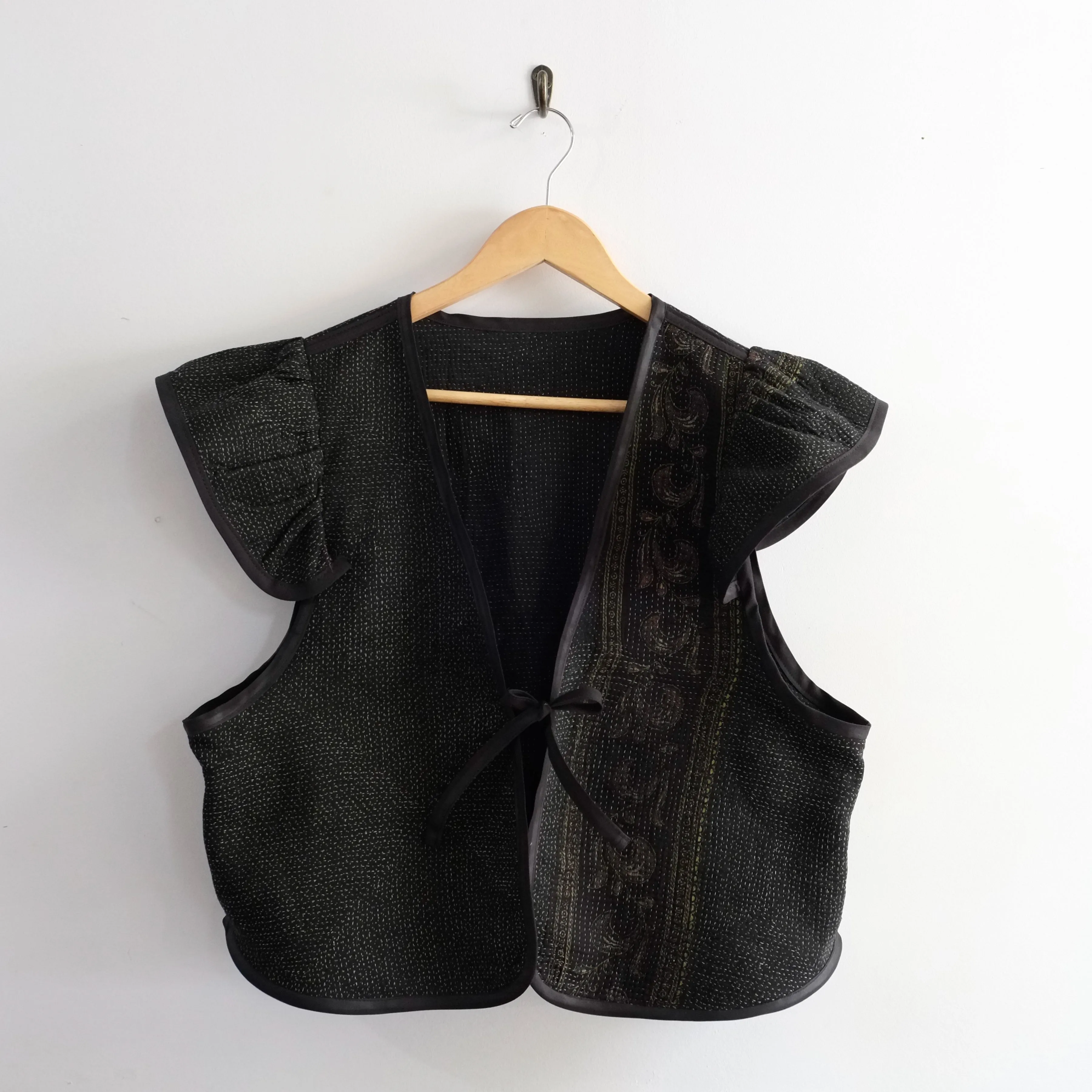 Amelia Flutter Sleeve Vest Black with White Stitching XL027