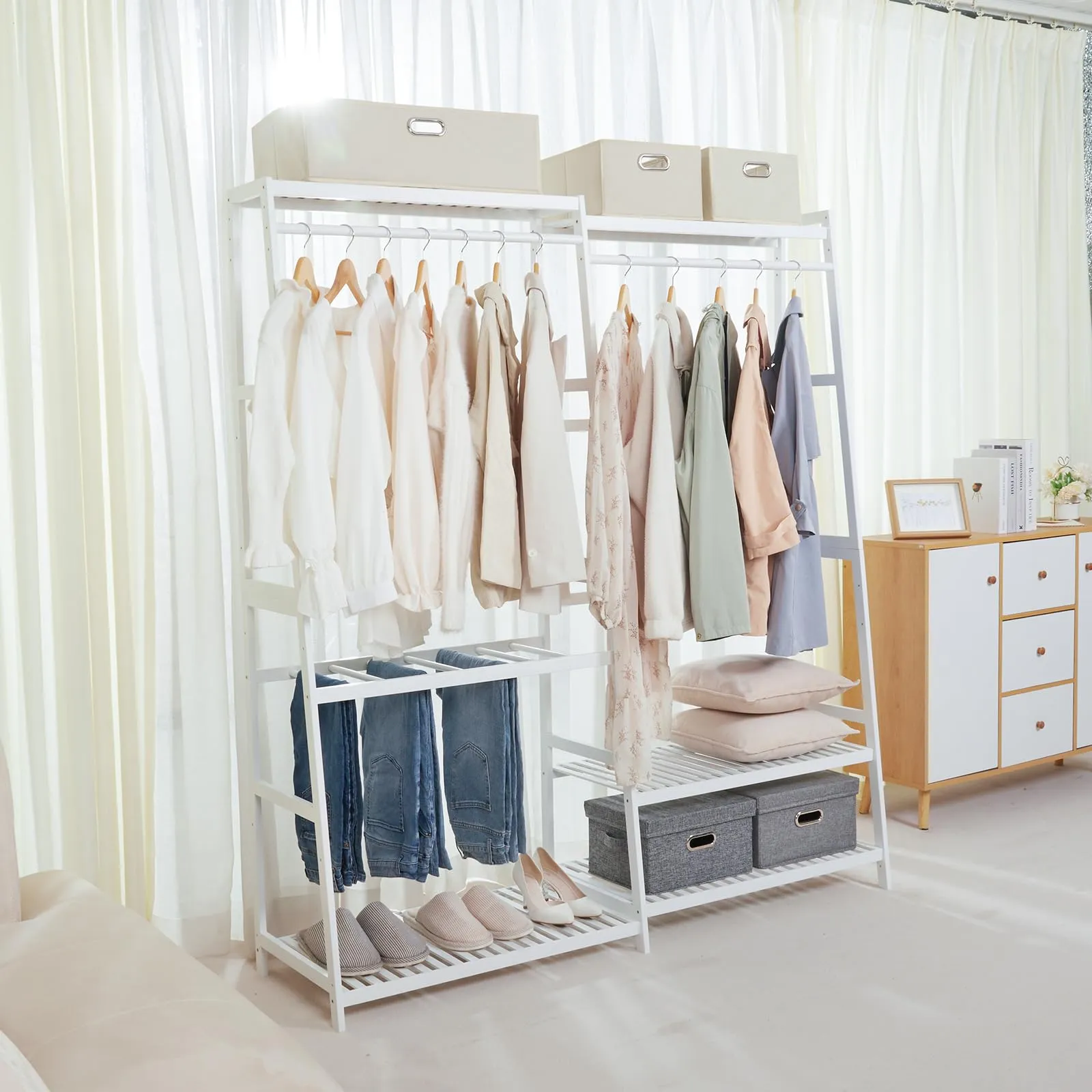 Bamboo Clothes Rack with 6 Shelves, Heavy Duty