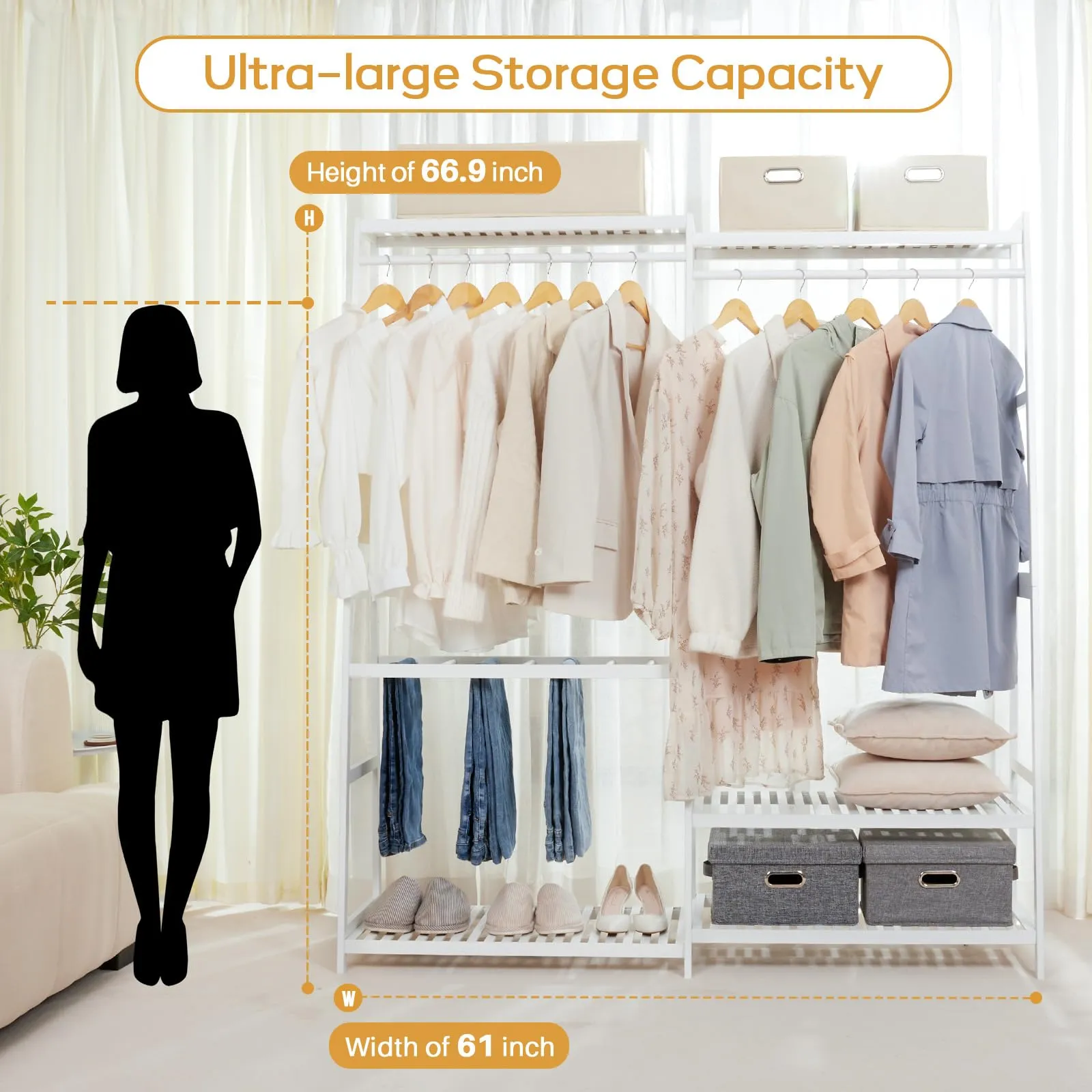 Bamboo Clothes Rack with 6 Shelves, Heavy Duty
