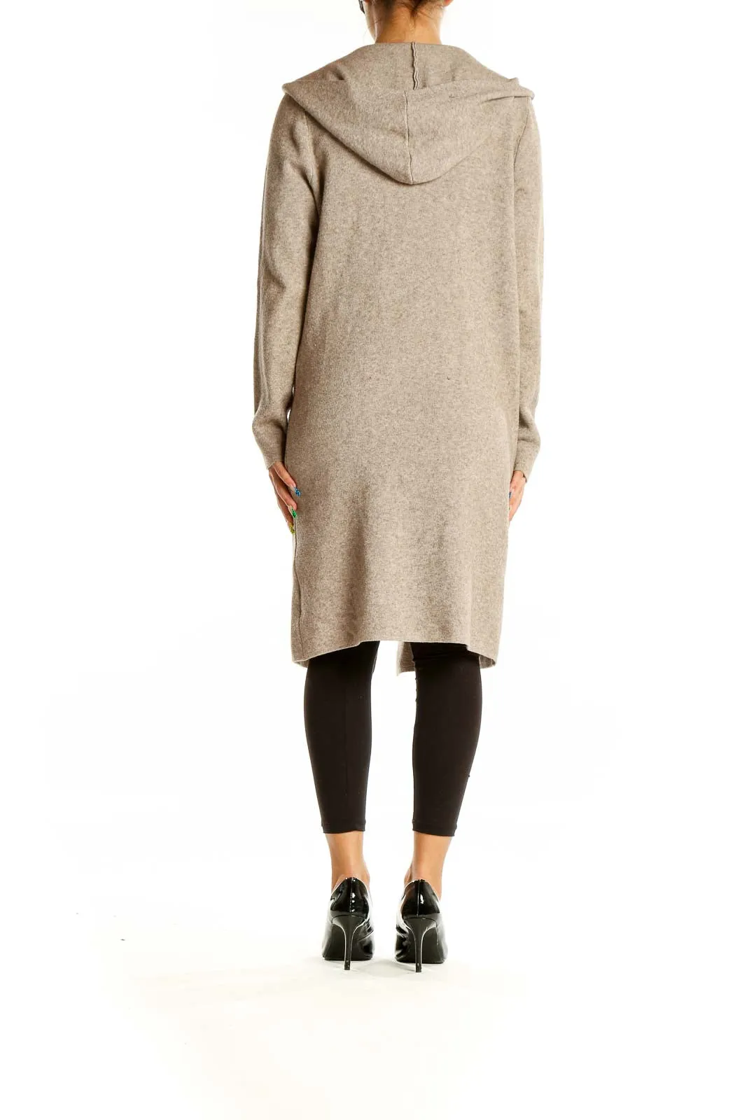 Beige Hooded Long Cardigan