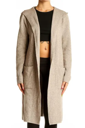 Beige Hooded Long Cardigan
