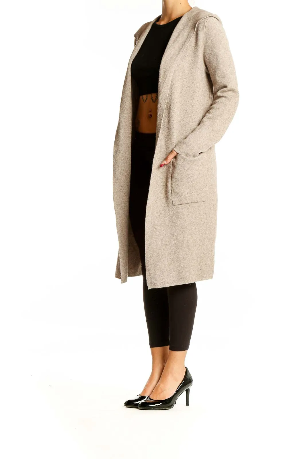 Beige Hooded Long Cardigan