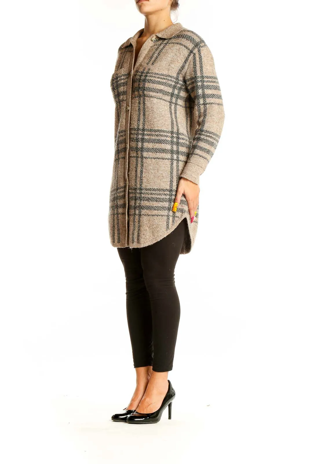 Beige Plaid Button-Up Knit Cardigan