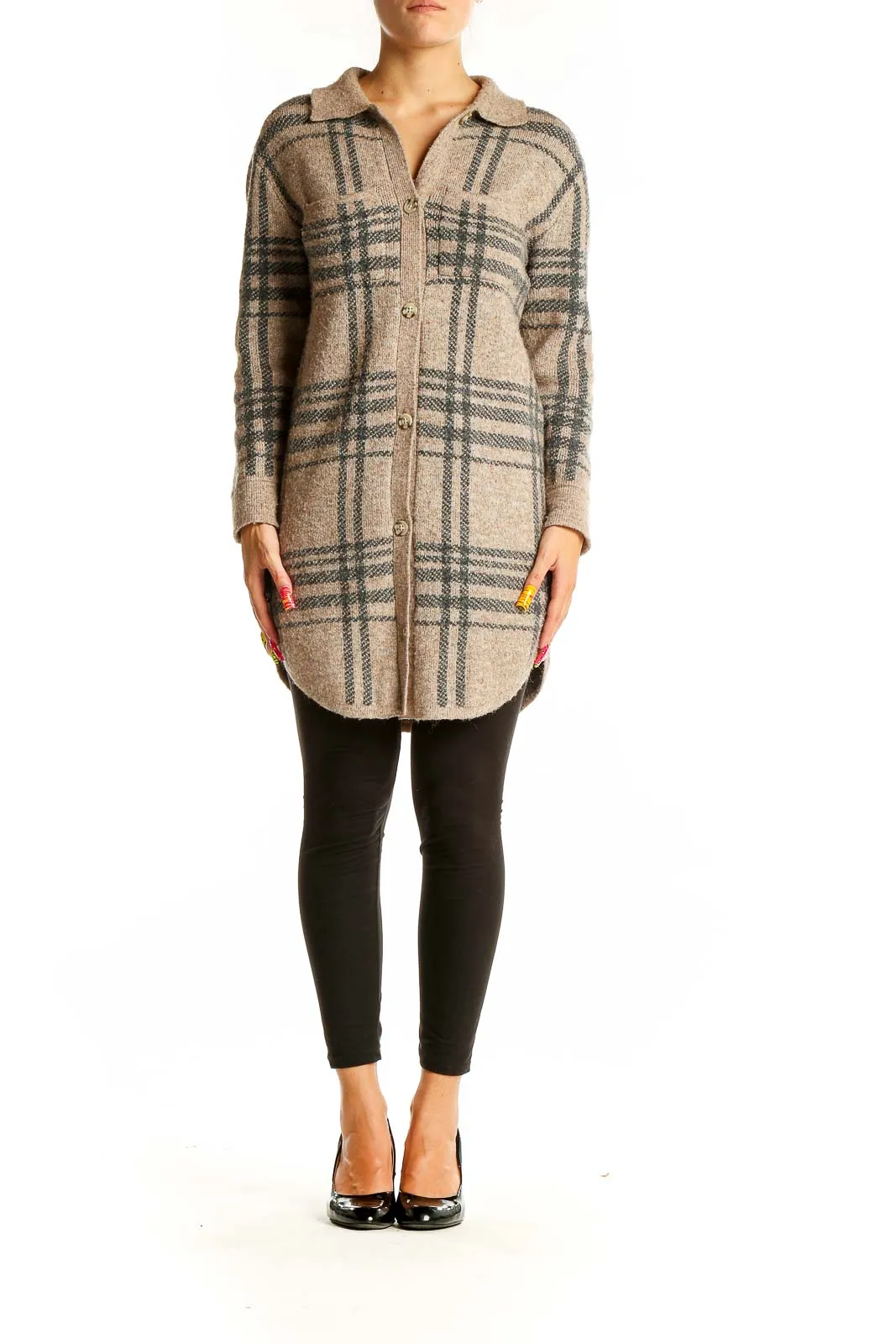 Beige Plaid Button-Up Knit Cardigan
