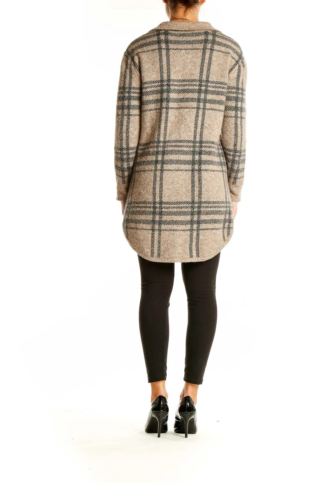 Beige Plaid Button-Up Knit Cardigan
