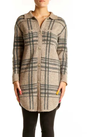 Beige Plaid Button-Up Knit Cardigan