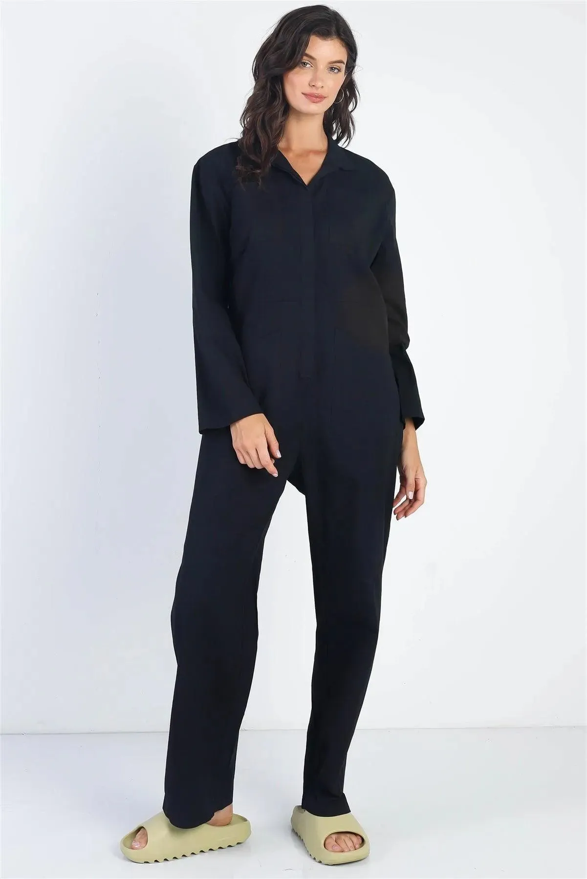 Black Collared Button-Up Long Sleeve Jumpsuit /1-2-2