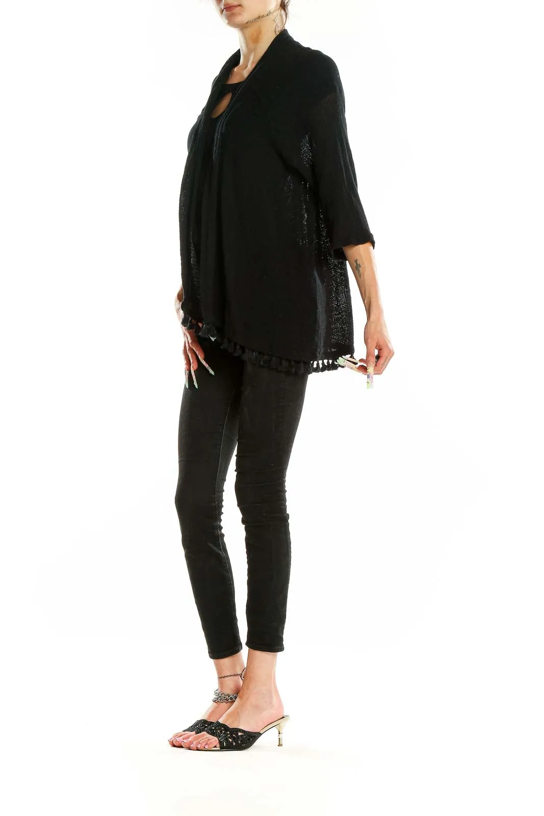 Black Cotton Knit Cardigan with Tassels