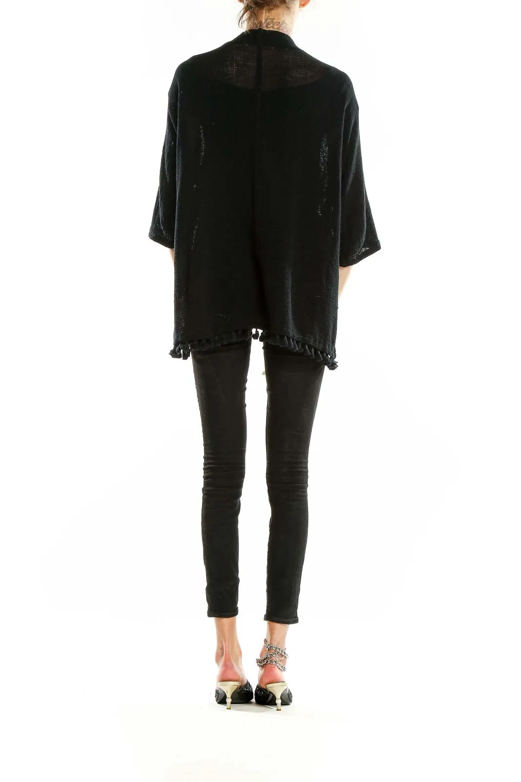 Black Cotton Knit Cardigan with Tassels