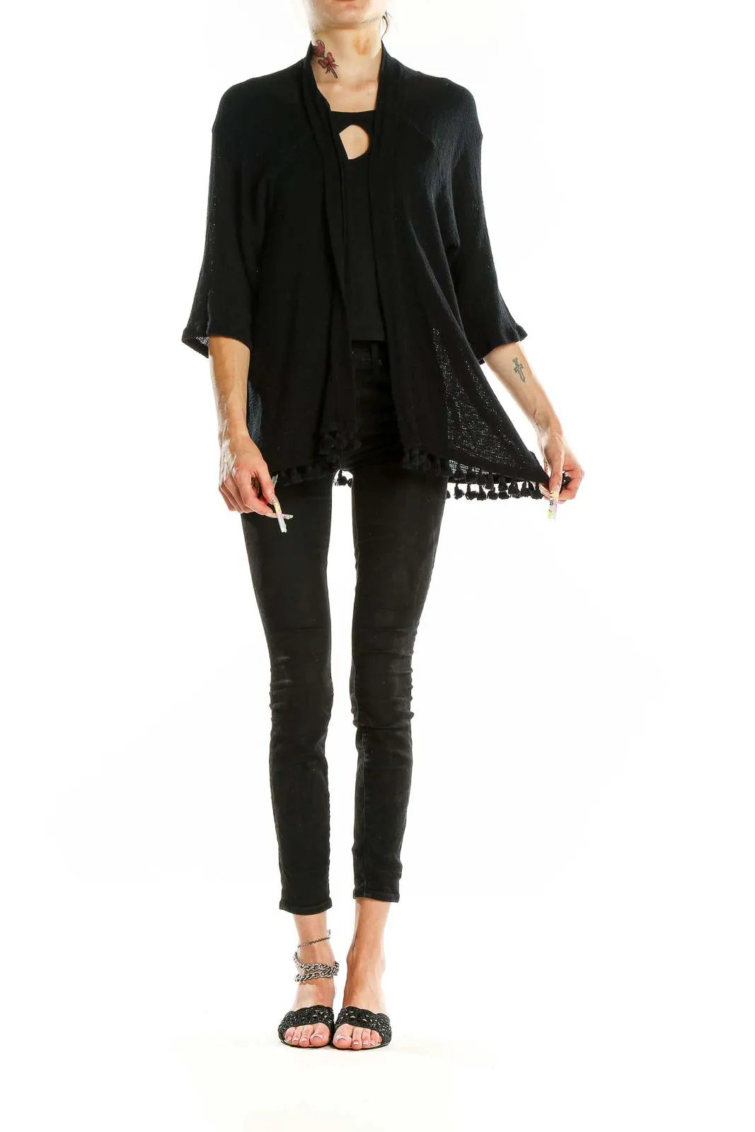 Black Cotton Knit Cardigan with Tassels