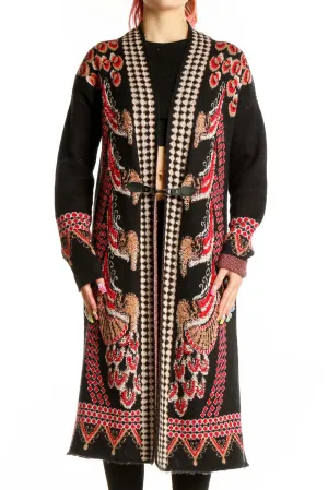 Black Floral Embroidered Long Cardigan