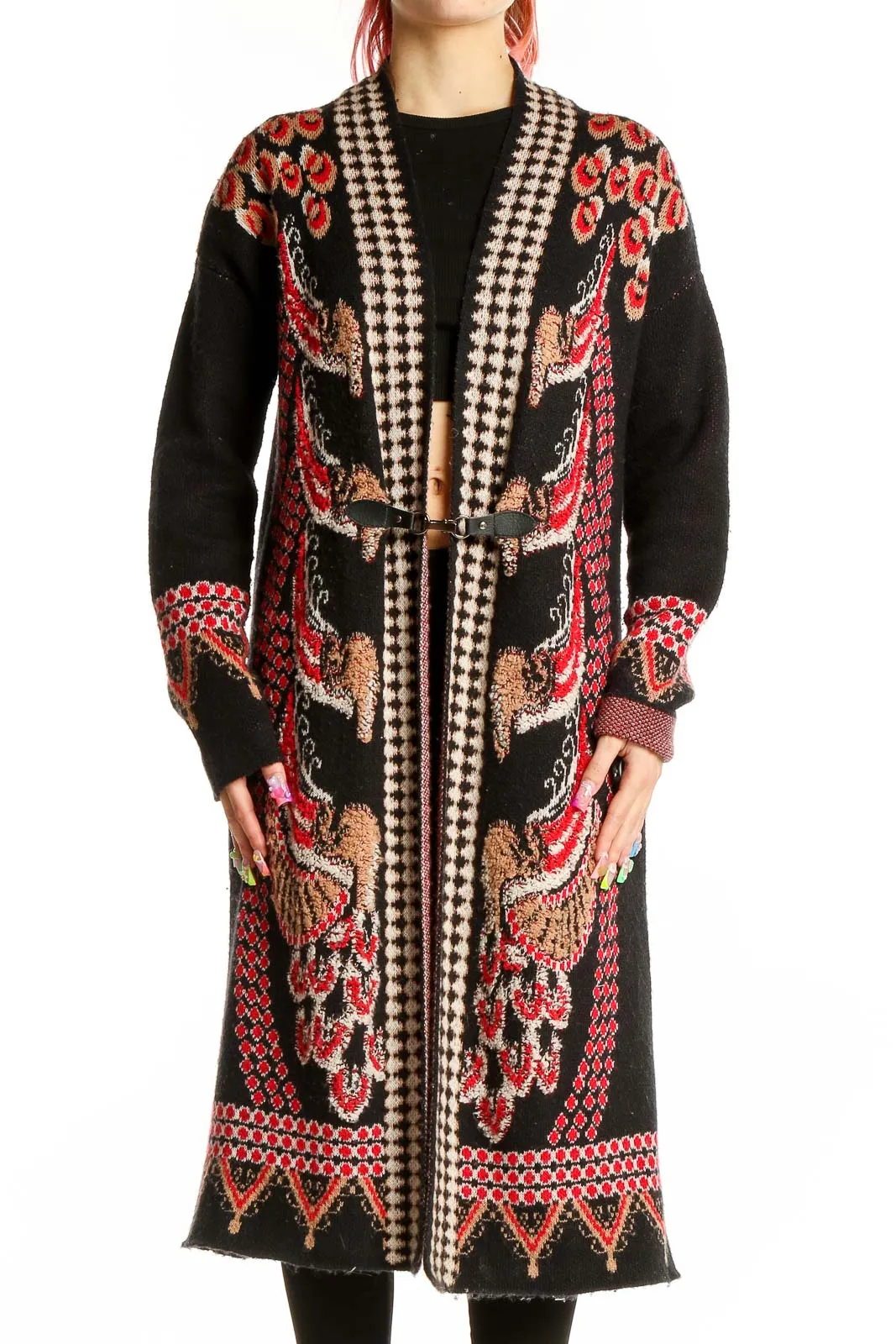 Black Floral Embroidered Long Cardigan