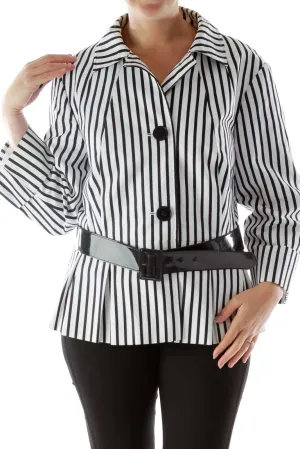 Black White Striped Belted Jacket