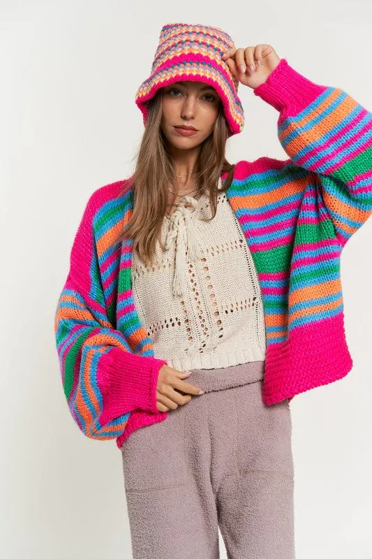 Bohemian Chunky Knit Multi-Striped Open Sweater Cardigan