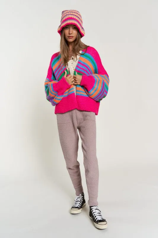 Bohemian Chunky Knit Multi-Striped Open Sweater Cardigan