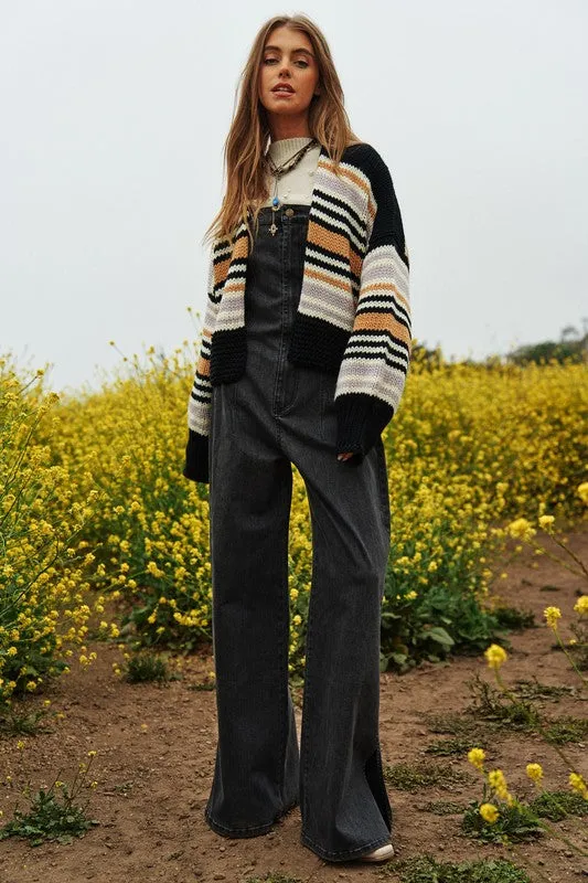 Bohemian Chunky Knit Multi-Striped Open Sweater Cardigan