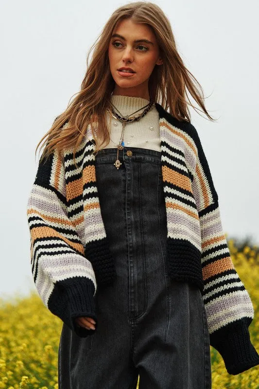 Bohemian Chunky Knit Multi-Striped Open Sweater Cardigan