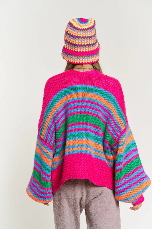 Bohemian Chunky Knit Multi-Striped Open Sweater Cardigan