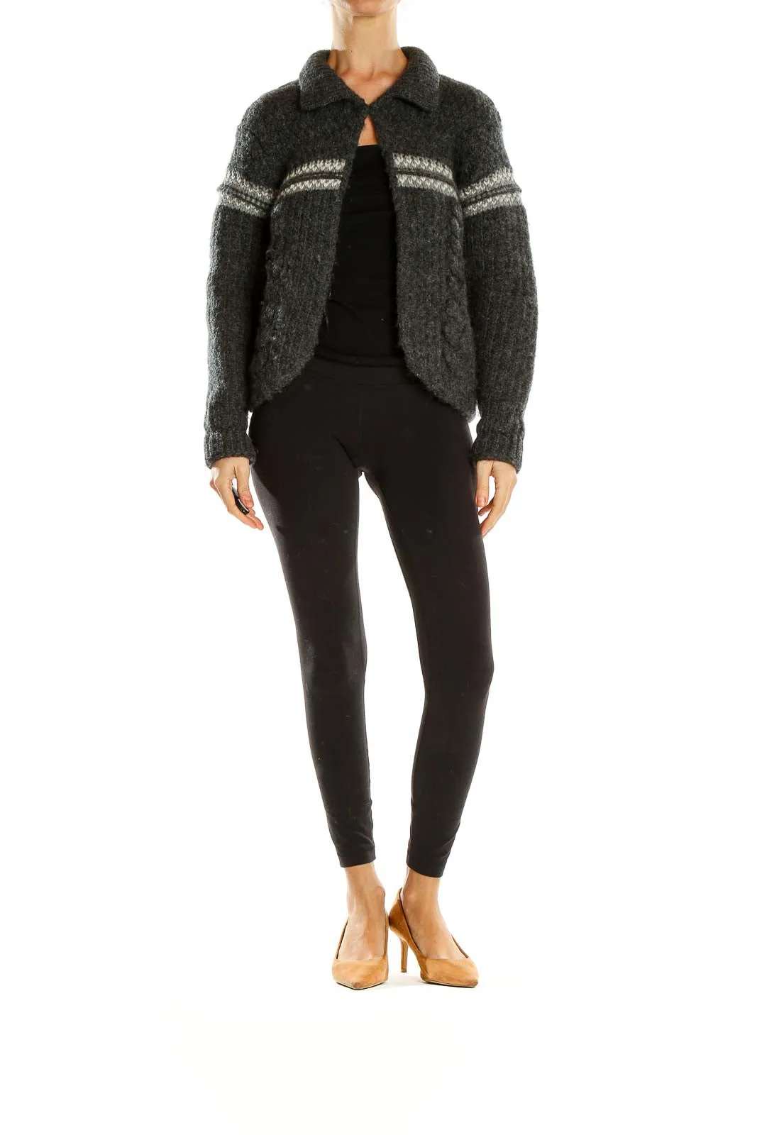 Charcoal Gray Striped Wool Cardigan
