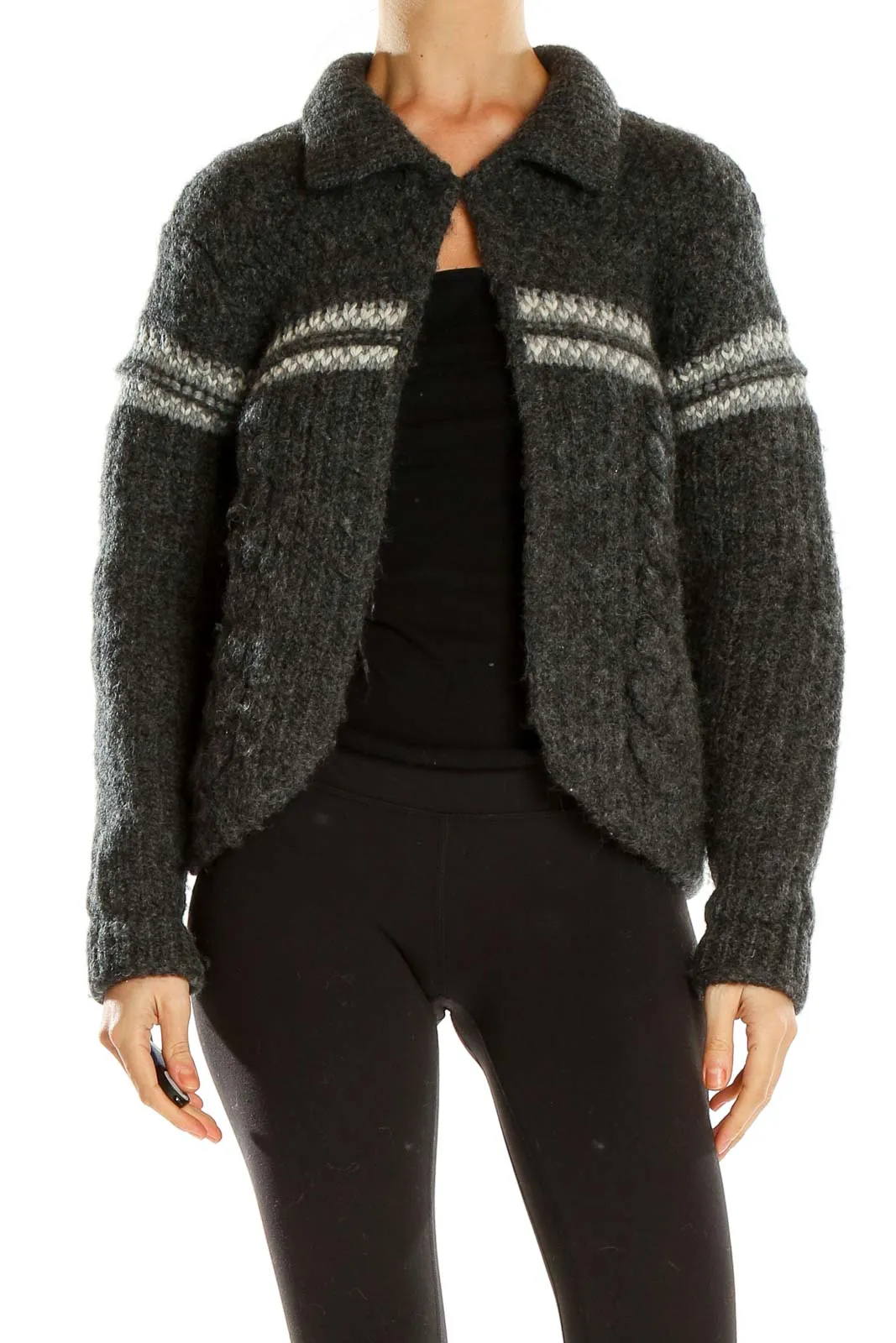 Charcoal Gray Striped Wool Cardigan