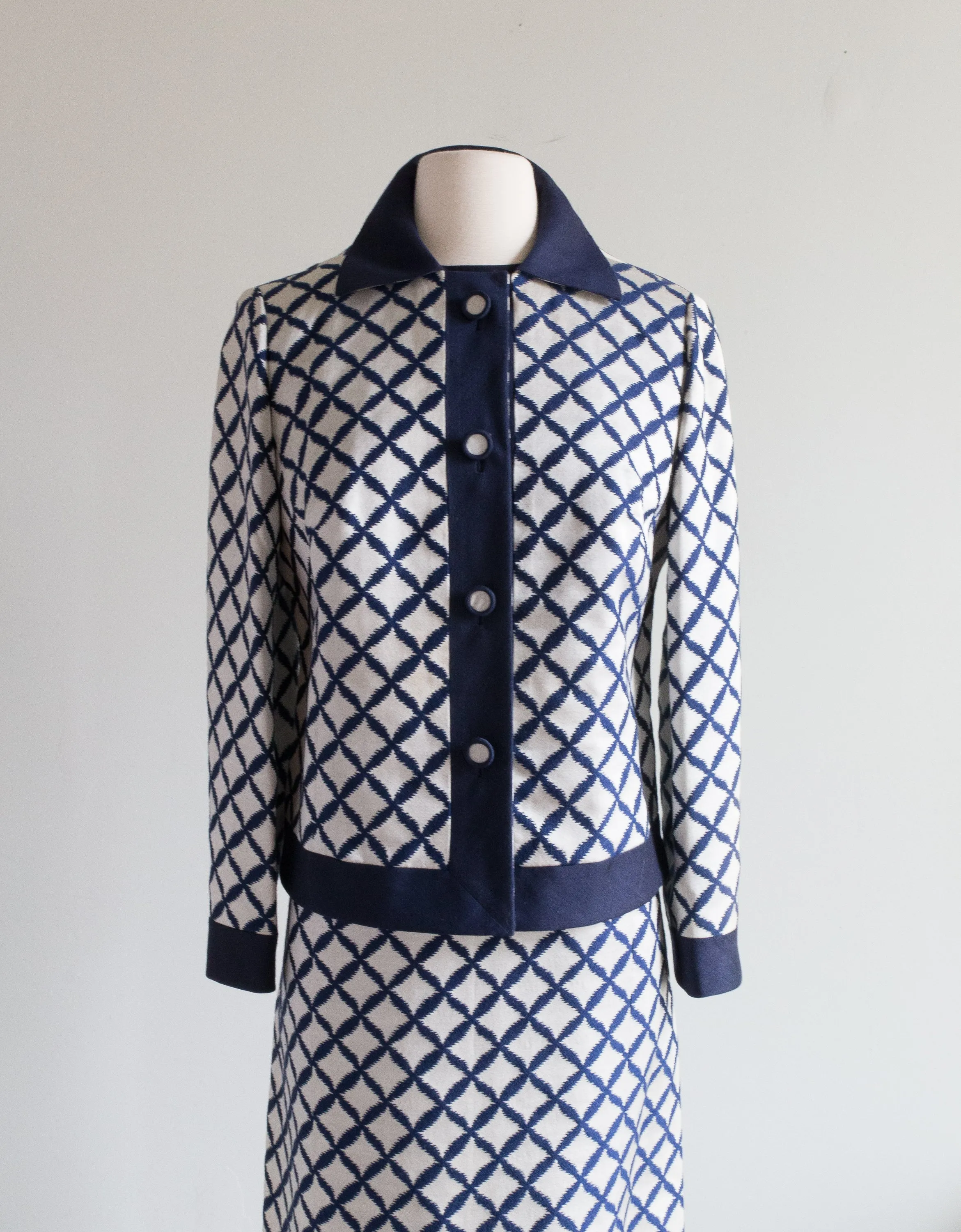 Chic 1960's Navy Blue Mod Brocade Dress Set / Medium
