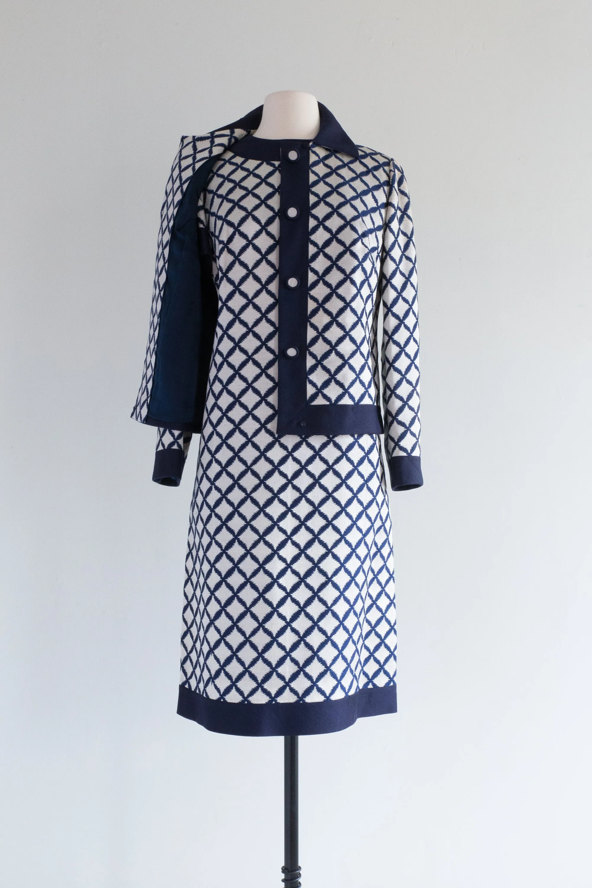 Chic 1960's Navy Blue Mod Brocade Dress Set / Medium