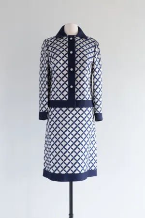 Chic 1960's Navy Blue Mod Brocade Dress Set / Medium