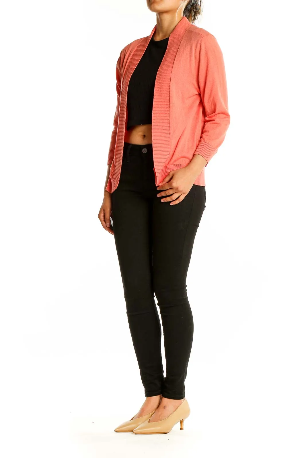 Coral Open-Front Knit Cardigan