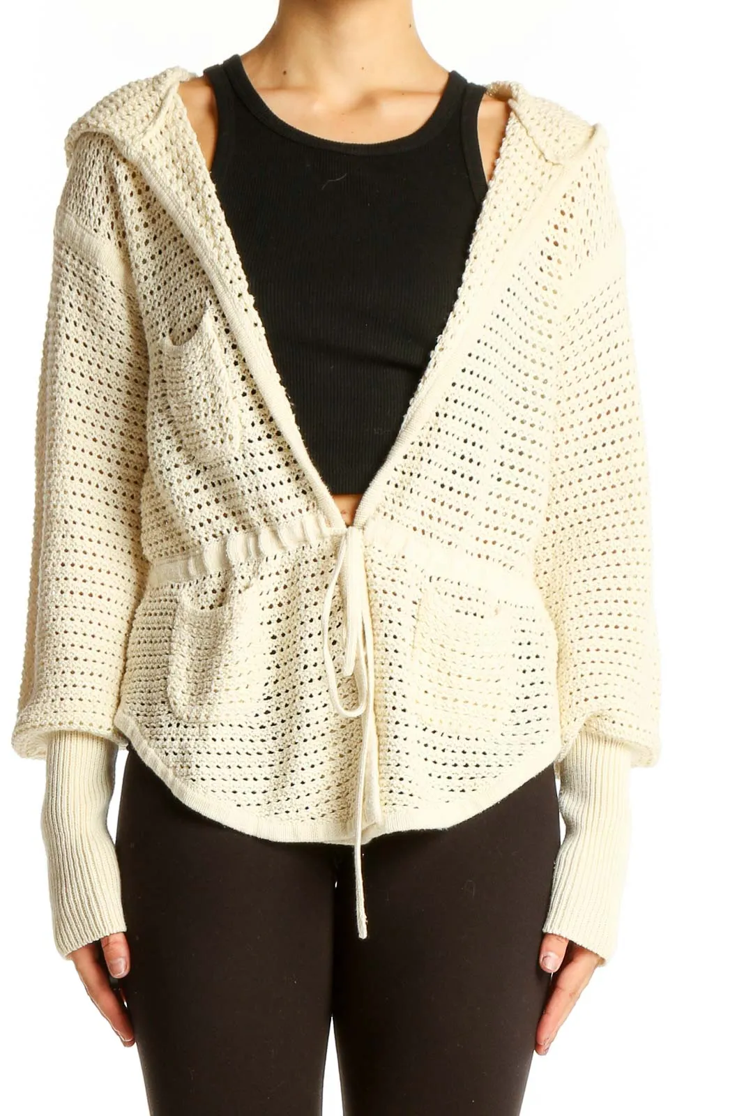 Cream Hooded Open-Knit Cardigan