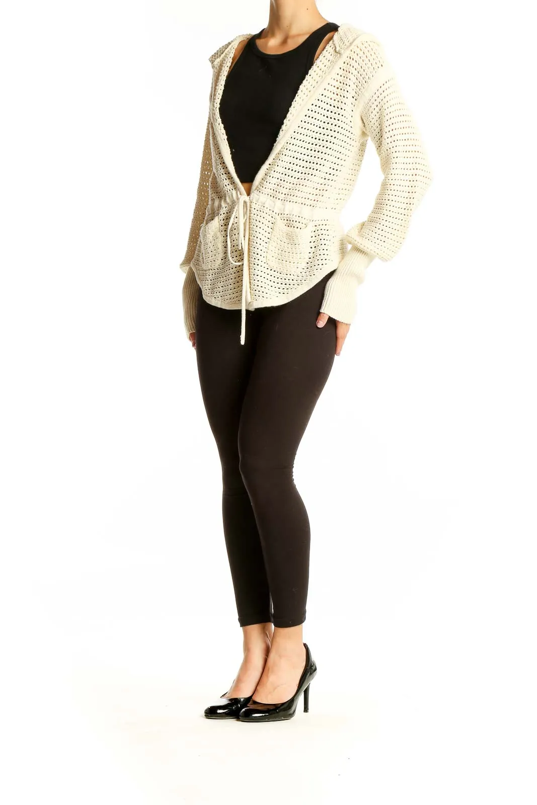 Cream Hooded Open-Knit Cardigan