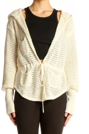Cream Hooded Open-Knit Cardigan