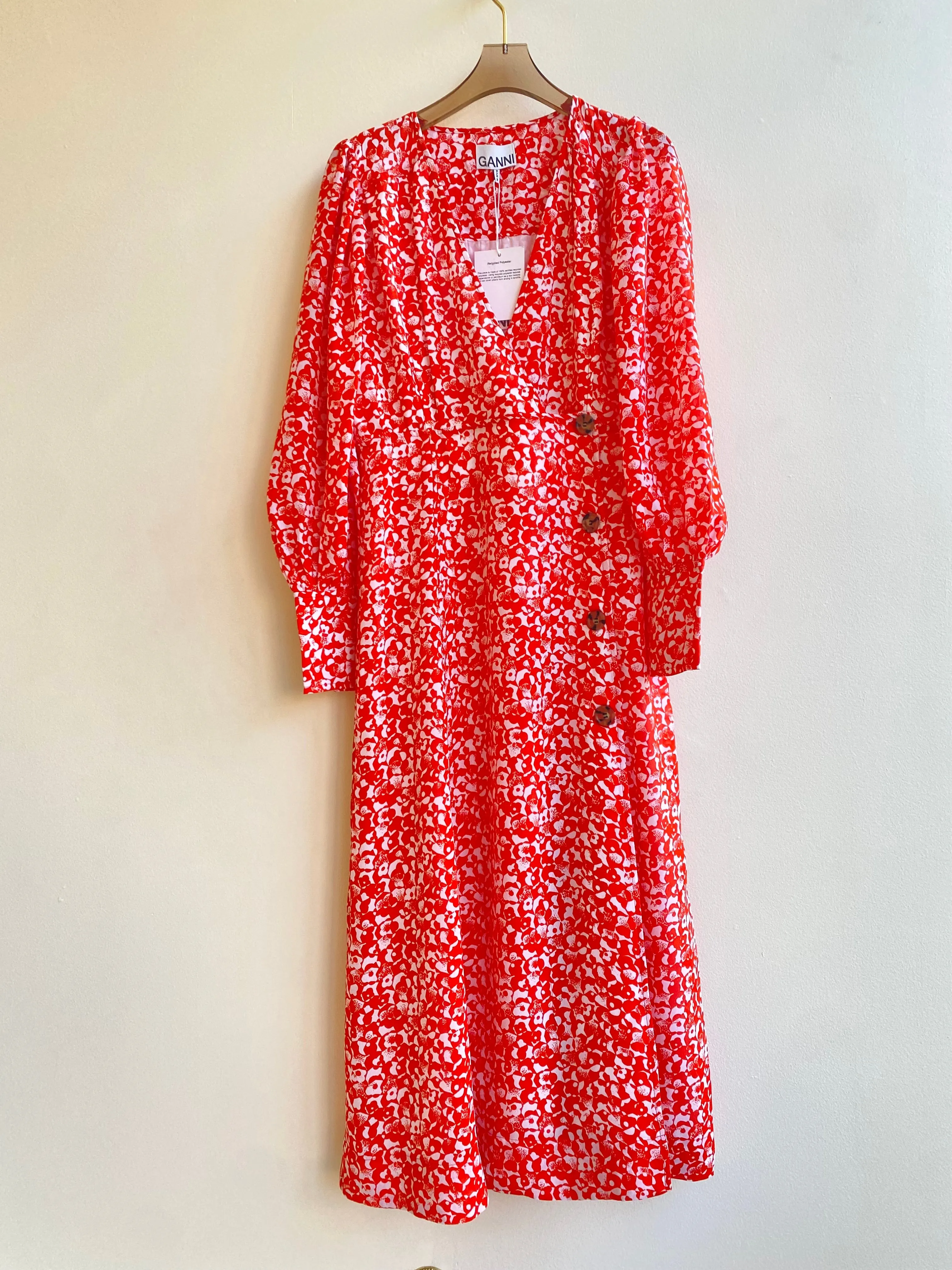 Ganni | Neon Orange Mod Flower Print Button Up Dress (Vintage)