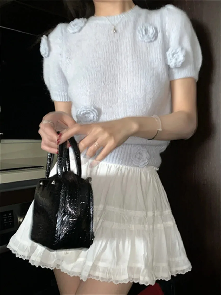 Girlary French Hook Flowers Sweaters Women OL Loose 2024 New Sweet Knitted Chic Pullovers Gentle Spring Office Lady Casual