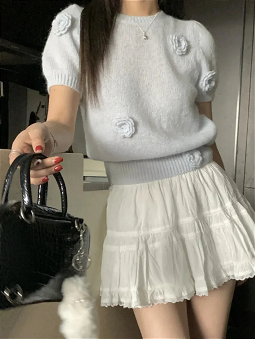 Girlary French Hook Flowers Sweaters Women OL Loose 2024 New Sweet Knitted Chic Pullovers Gentle Spring Office Lady Casual