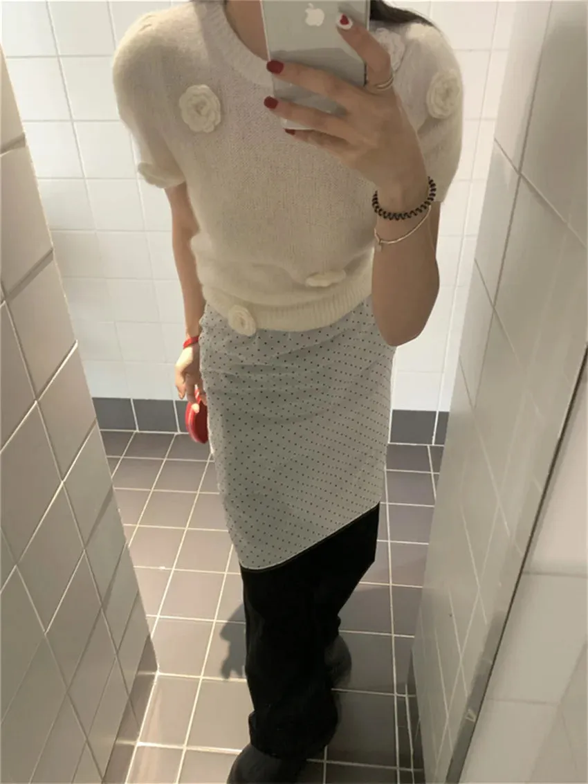 Girlary French Hook Flowers Sweaters Women OL Loose 2024 New Sweet Knitted Chic Pullovers Gentle Spring Office Lady Casual