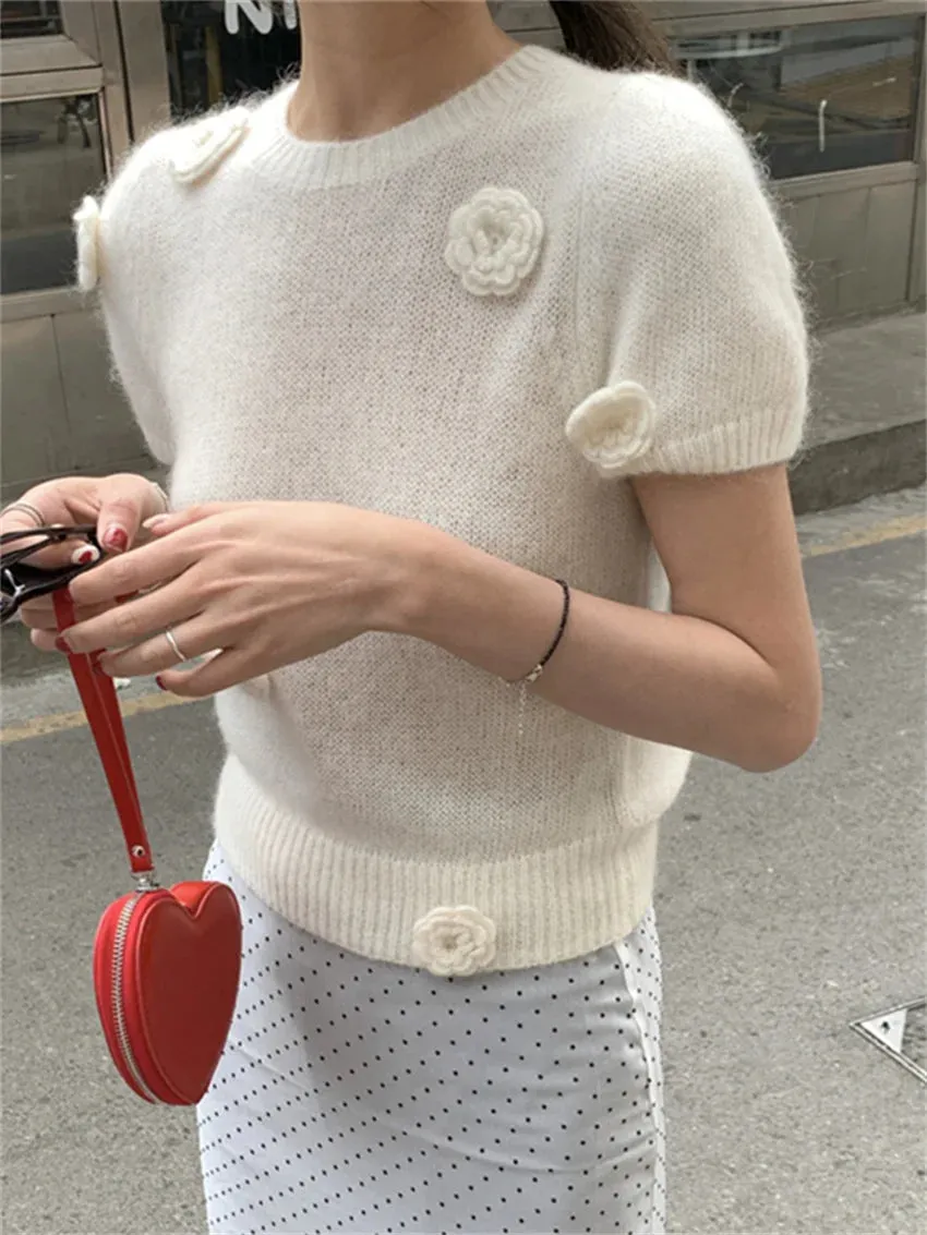 Girlary French Hook Flowers Sweaters Women OL Loose 2024 New Sweet Knitted Chic Pullovers Gentle Spring Office Lady Casual