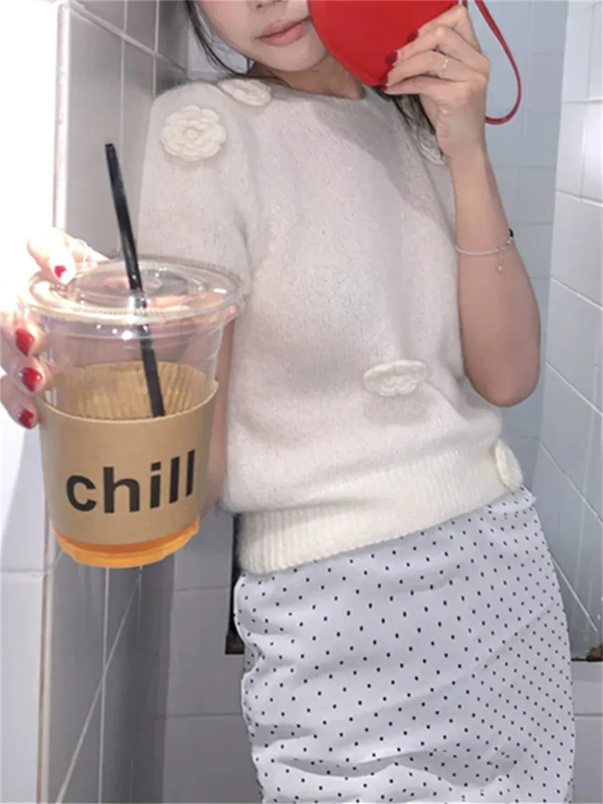 Girlary French Hook Flowers Sweaters Women OL Loose 2024 New Sweet Knitted Chic Pullovers Gentle Spring Office Lady Casual