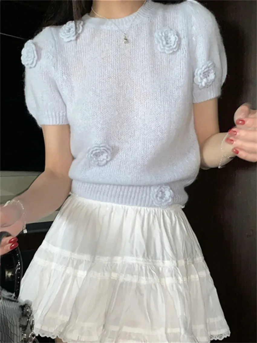 Girlary French Hook Flowers Sweaters Women OL Loose 2024 New Sweet Knitted Chic Pullovers Gentle Spring Office Lady Casual