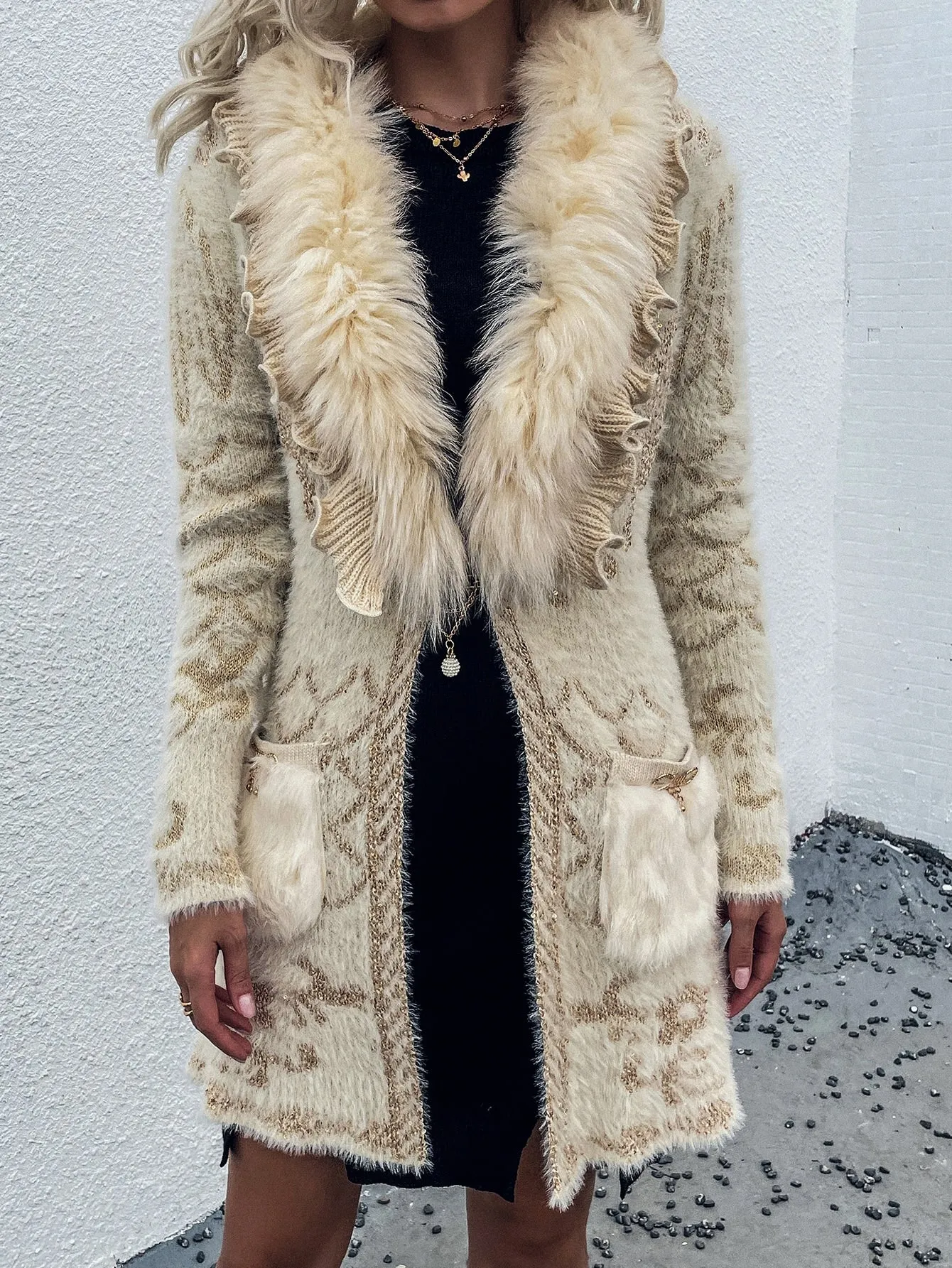 Glamorous Graphic Pocket Long Sleeve V Neck Short Women Cardigan