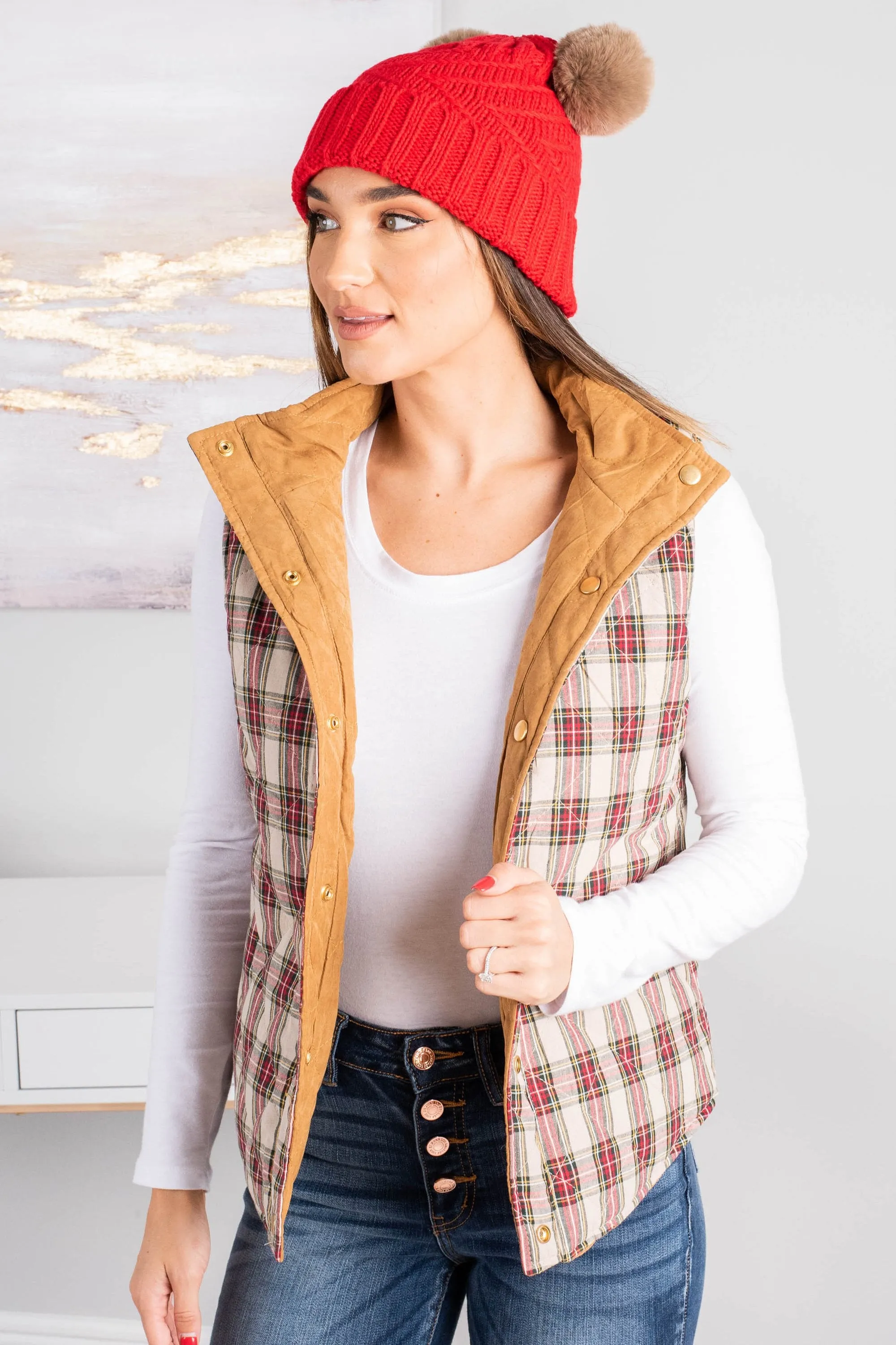Happy Hikes Tan And Plaid Reversible Vest
