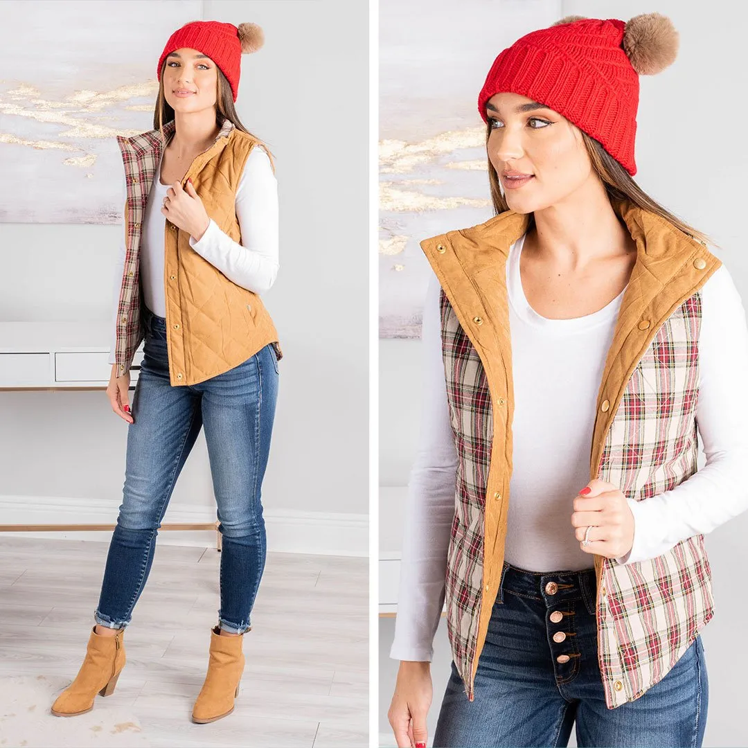 Happy Hikes Tan And Plaid Reversible Vest