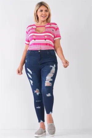 Junior Plus Size Dark Blue Denim Mid-Rise Raw Hem Detail Ripped Skinny Jean Pants /1-2-2-2
