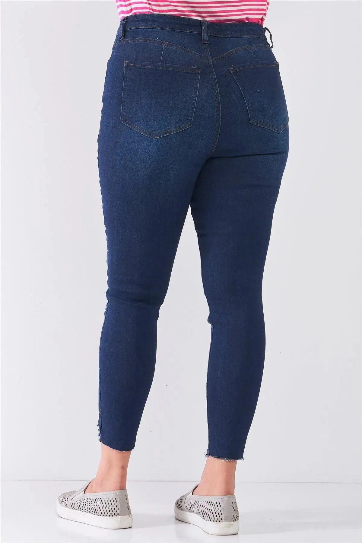 Junior Plus Size Dark Blue Denim Mid-Rise Raw Hem Detail Ripped Skinny Jean Pants /1-2-2-2
