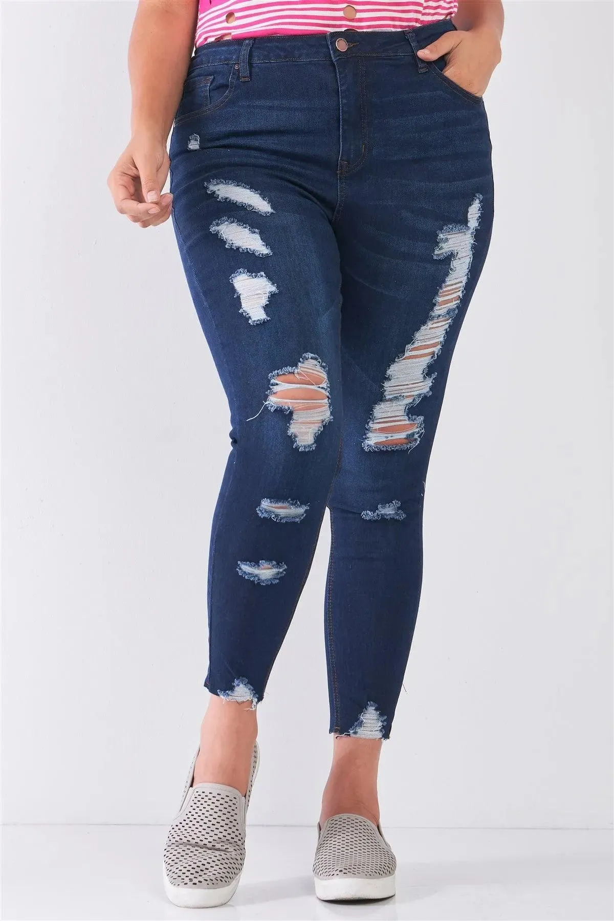 Junior Plus Size Dark Blue Denim Mid-Rise Raw Hem Detail Ripped Skinny Jean Pants /1-2-2-2