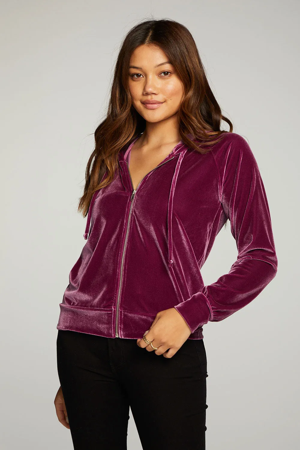 Stretch Velvet Long Sleeve Zip Up Hoodie