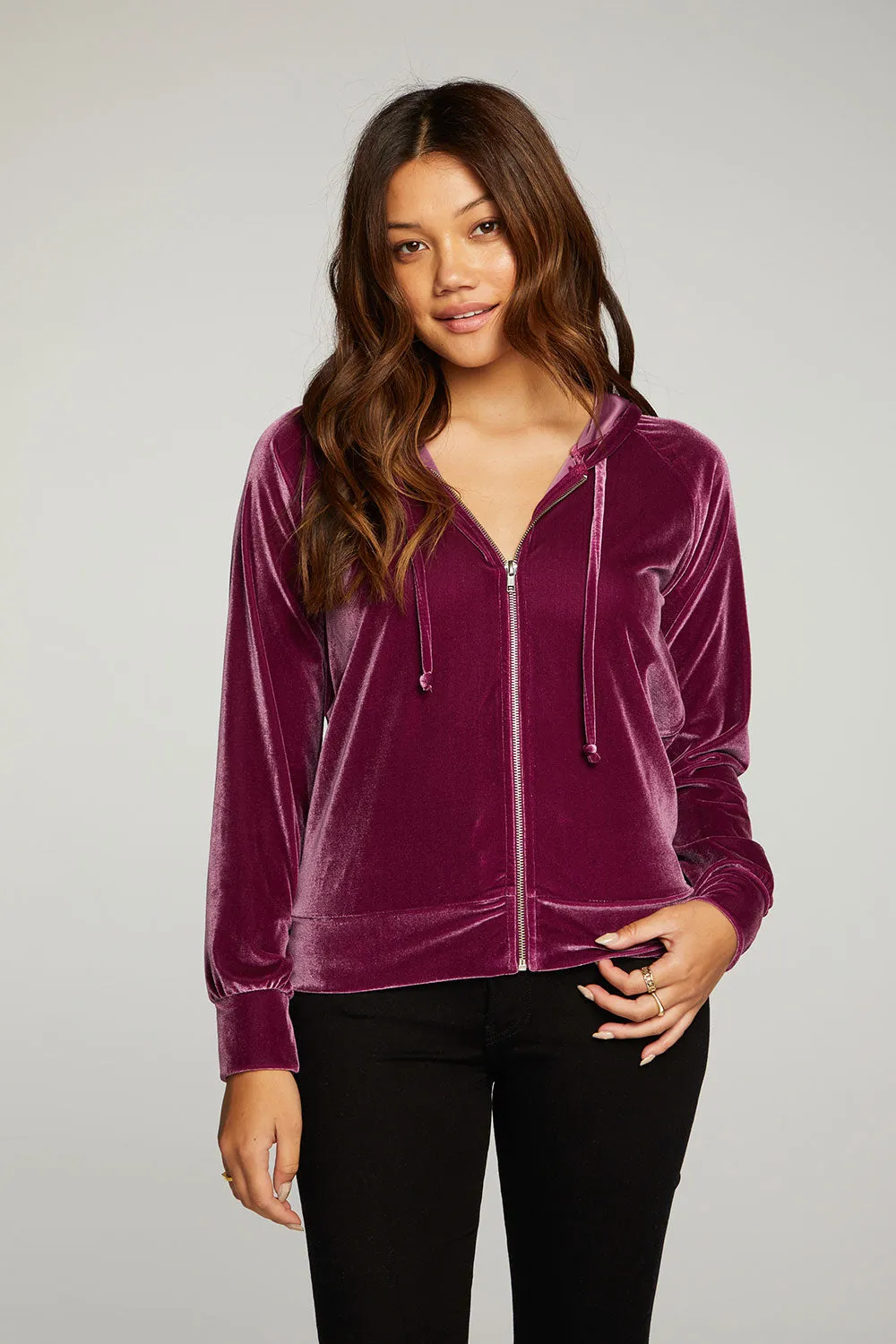 Stretch Velvet Long Sleeve Zip Up Hoodie