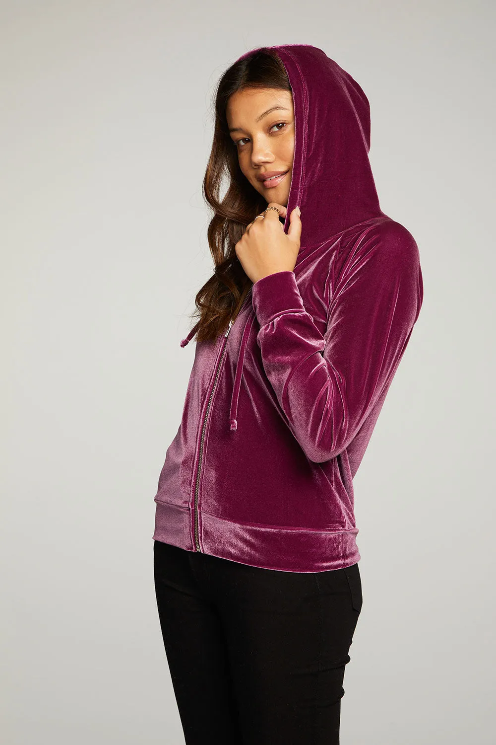 Stretch Velvet Long Sleeve Zip Up Hoodie
