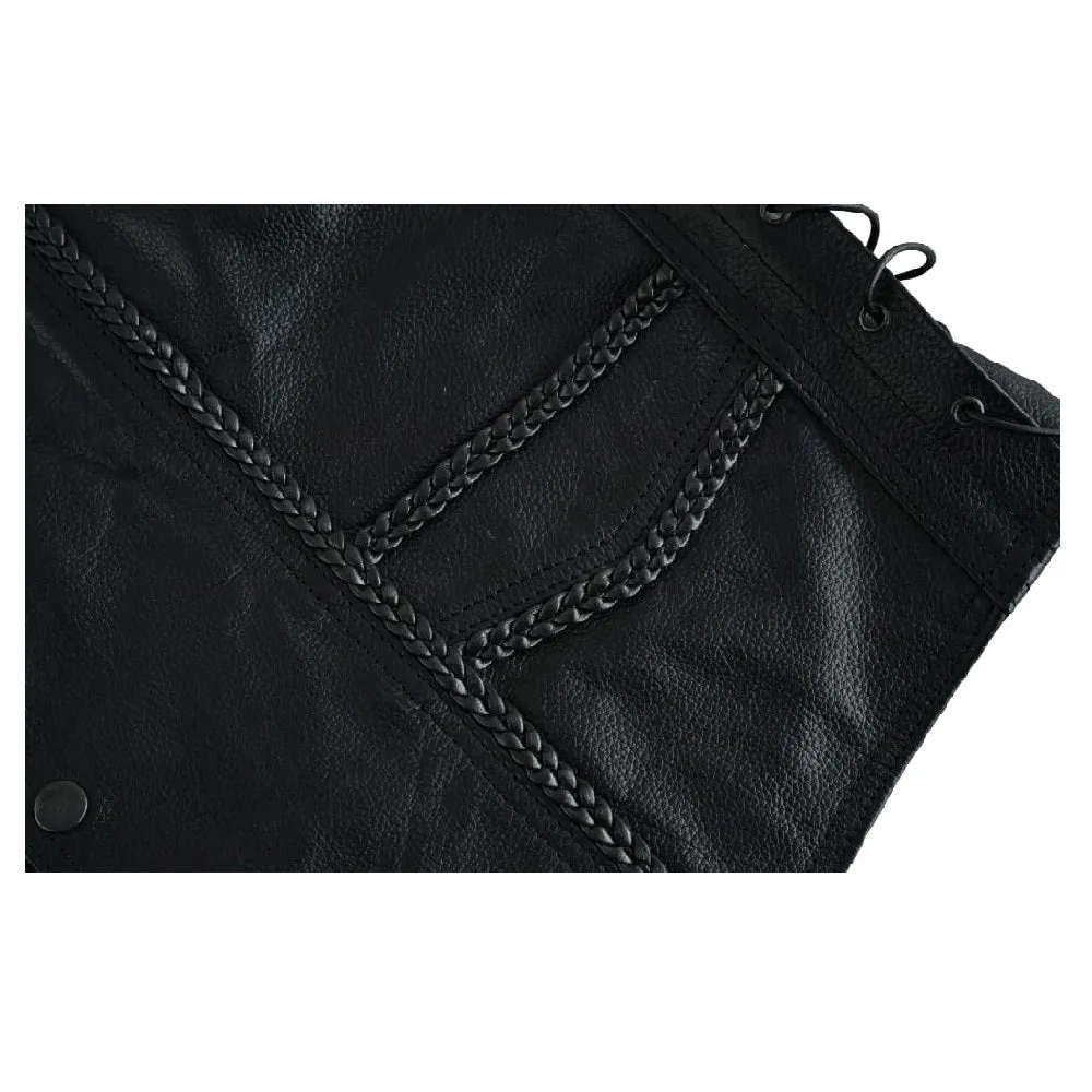 Tuff Gear Motorcycle Cowhide Braided Leather Vest Black - V4